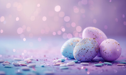 Fototapeta na wymiar assorted holographic glitter easter eggs with confetti on purple background