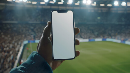 Man fan hands holding isolated smartphone device in soccer football crowed stadium game with blank empty white screen, sports betting concept - obrazy, fototapety, plakaty