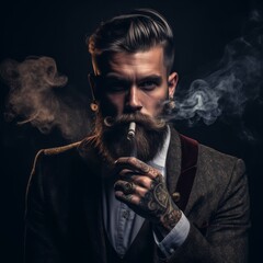 Portrait of a man with tattoos in a stylish costume. Tattooed man with a beard on a black background with smoke looking at the camera. Studio shot of an athletic man with tattoos looking forward. - 745921802
