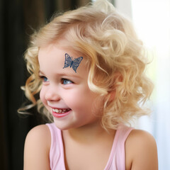 Portrait of a happy small girl with fake butterfly face tattoos. Smiling blonde tattooed kid. Smiling child with fake sticker tattoos. - 745921817