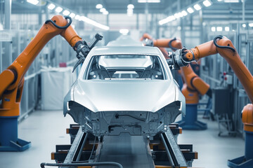 robotic system coating automotive bodies in factory - obrazy, fototapety, plakaty