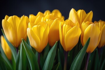 Obraz premium Vibrant Yellow Tulips Close-Up Against Dark Background