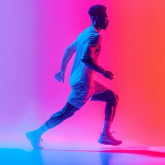 A dynamic image of an athlete mid-sprint, set against a backdrop with striking neon pink and blue lights