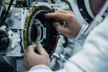 space engineer adjusting lens on satellite camera