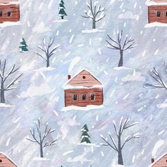 Christmas watercolor hand drawn seamless pattern with house. trees, snow