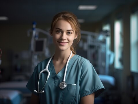 Smiling female doctor in lab coat and stethoscope poses confidently in the office. Professional setting with medical equipment and paperwork. Realistic and approachable scene.