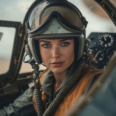 Intense gaze from a female pilot in flight gear, reflecting professionalism and expertise