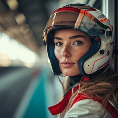 Portrait of a joyful female racing driver wearing a protective helmet
