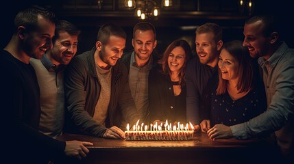 Group of people in a birthday party front of birthday cake with candles. Smiles and laughter surround the birthday cake, as candles flicker in the joyous air.