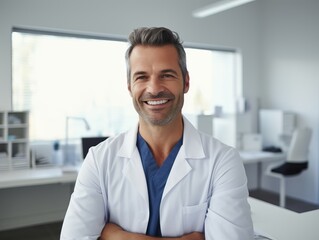 A professional male doctor in his office, wearing a white coat, smiling at the camera during a consultation with a patient. The doctor exudes confidence and compassion.
