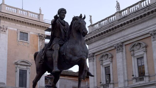 ROME, Italy. 11-11-2023. Statue of Marcus Aurelius in Piazza del Campidoglio. City of Rome. Panning 4K