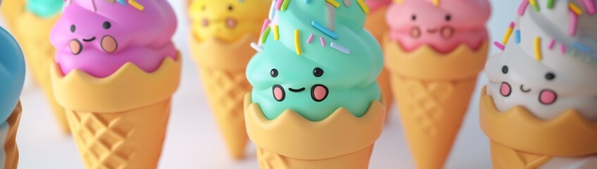 A delightful coloring book illustration featuring minimalist art of 3D cartoon ice cream cones. The playful pattern showcases adorable faces, pastel colors, and a squishy texture, 