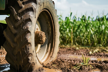 muddy tractor wheel with cornfield backdrop