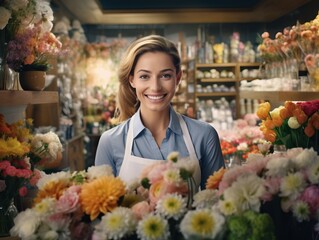 A vibrant and authentic portrait of a cheerful saleswoman smiling in a beautiful flower shop, showcasing the joy and warmth of working in a colorful and inviting environment.