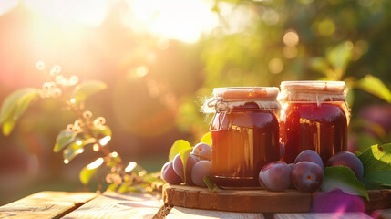 Close-up of peach jam and fresh peach in jars.
