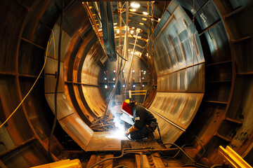 welder in action inside ship hull, surrounded by large metal panels - obrazy, fototapety, plakaty