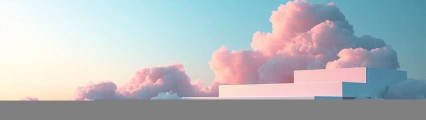 A dreamy 3D podium with a cloud background, presenting products on a white platform in an abstract stage with a pastel blue sky.