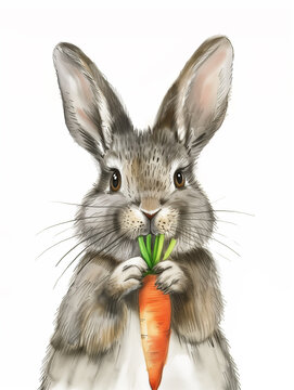 rabbit with carrot illustration (crayons and watercolor style) - Easter bunny on white background clipart