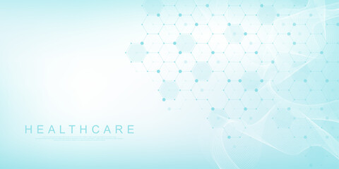 Modern health care or medical background design. Health care innovation concept. Horizontal header web banner. Abstract geometric background with hexagon shapes for medicine, science, chemistry.
