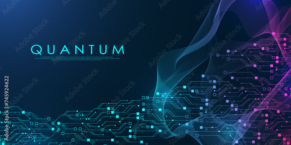 Fototapete Quantum computer technologies concept. Futuristic blue circuit board background vector. Modern technology circuit board texture background design. Waves flow. Quantum explosion technology.