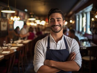 Fototapeta premium A warm and inviting photograph of a friendly waiter smiling at the camera while serving in a cozy and charming restaurant setting, creating a welcoming atmosphere for diners.