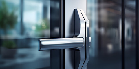 Doorknob with lock glass door. office handle. metallic handle minimalist design. elegant safe metal office handle gray background Illustration 