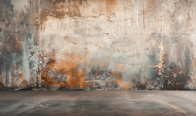 Empty studio background, vintage beige and orange/ light bronze backdrop with grunge paint