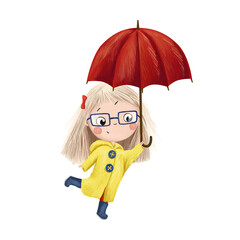 Cute little girl in yellow raincoat with red umbrella. Drawn clipart on white background