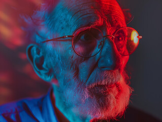 portrait of an old man with glasses and melancholic vibes,  chromatic aberration image in blue and red,	