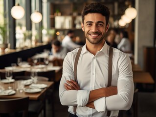 Fototapeta premium A warm and inviting photograph of a friendly waiter smiling at the camera while serving in a cozy and charming restaurant setting, creating a welcoming atmosphere for diners.
