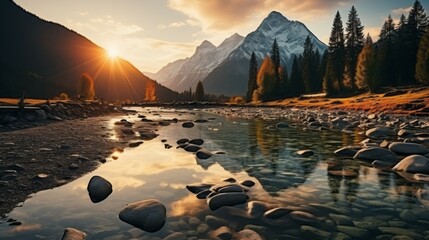 Scenic Landscape with the image of mountains,  mountain river. Mountain river at sunrise.  Beautiful sunrise  over the river in the Alps mountains. Nature composition. Beautiful natural landscape.