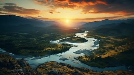 Mountain river at sunset. Scenic Landscape with the image of mountains,  mountain river. Beautiful sunset over the river in the mountains. Nature composition. Beautiful natural landscape. Dramatic sky - 745925035