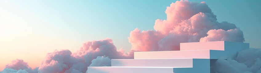 A dreamy 3D podium with a cloud background, presenting products on a white platform in an abstract stage with a pastel blue sky.