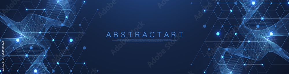 Fototapete Modern technology vector illustration with square grid. Technology banner template cubes texture. Digital geometric abstraction with lines and dots