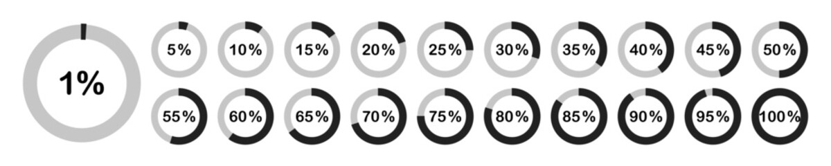 Loading progress bar. Percentage circle set. Loading indicator set. Vector illustration.