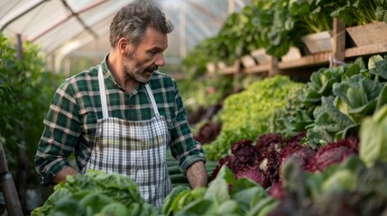 Mature man tending to organic vegetables in a greenhouse, promoting sustainable farming, healthy lifestyle.