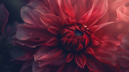 Red dahlia flower in full bloom with water droplets, ideal for nature and beauty publications.
