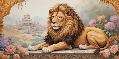 Royal Lion miniature painting style border and frame - obrazy, fototapety, plakaty