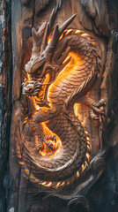 Dragon is carved and glowing in a wood. 