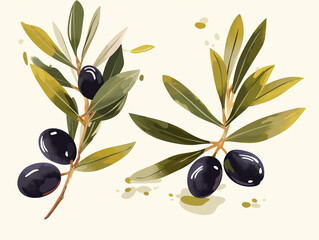 olive branch with fruits in the style of a watercolor drawing on a white background