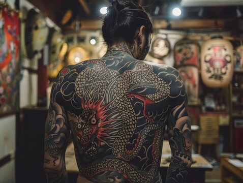 The detailed artwork of a full body dragon tattoo covering the back of a person in a tattoo studio.