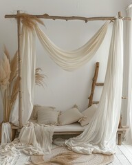 a snow-white boho wall with a wooden frame in the form of an arch in a rustic style, pampas and drapery fabric over the entire surface, a ladder to the wall