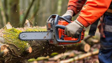 close-up of construction worker cutting trees.