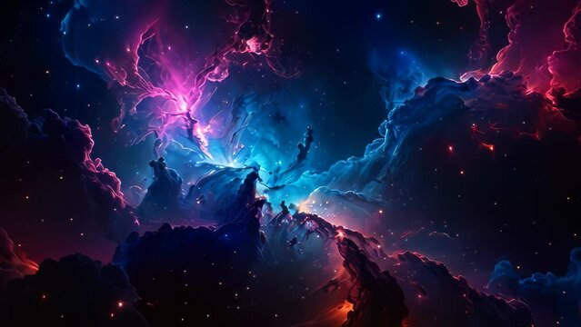 Video animation of  vibrant and dramatic cosmic scene. Fiery reds and oranges blend with deep blues and blacks, creating an intense contrast reminiscent of nebulas or galaxies in space