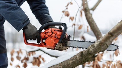 close-up of construction worker cutting trees. - obrazy, fototapety, plakaty