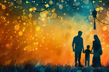 The silhouette of a family standing to the side of a blue colored night sky, bokeh panorama, light amber and emerald, pointillist dotted textures, International Day of Family Remittances.