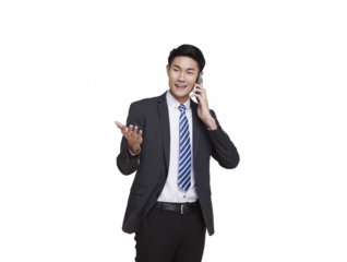 portrait of happy Asian businessman in suit talking communicate consulting on smartphone for business isolated on transparent png background.