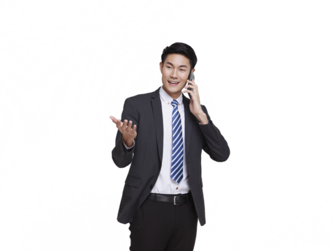 portrait of happy Asian businessman in suit talking communicate consulting on smartphone for business isolated on transparent png background.