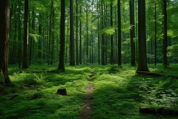 Obraz premium Lush Green Forest Path: Sunlight Dappled Mossy Undergrowth