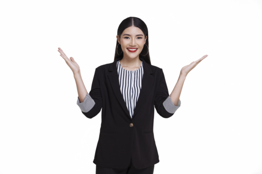 portrait of an attractive asian businesswoman in suit standing with presenting or showing open hand palm with copy space for product isolated on transparent png background.